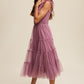LISTICLE Smocked Ruffle Tiered Mesh Midi Cocktail Dress