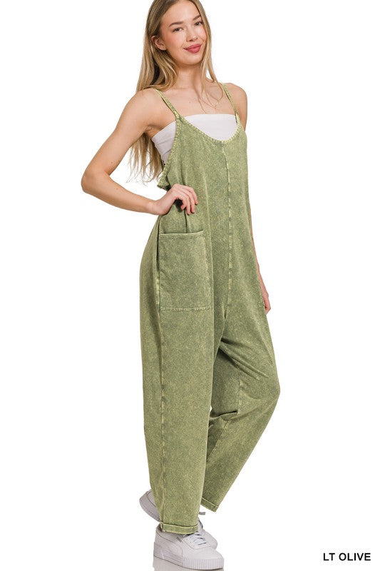 ZENANA Washed Spaghetti Straps Overalls with Pockets