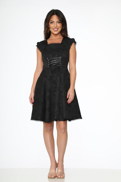 OCHID BLOOM Women's  Black Brocade Gothic Swing Cocktail Dress