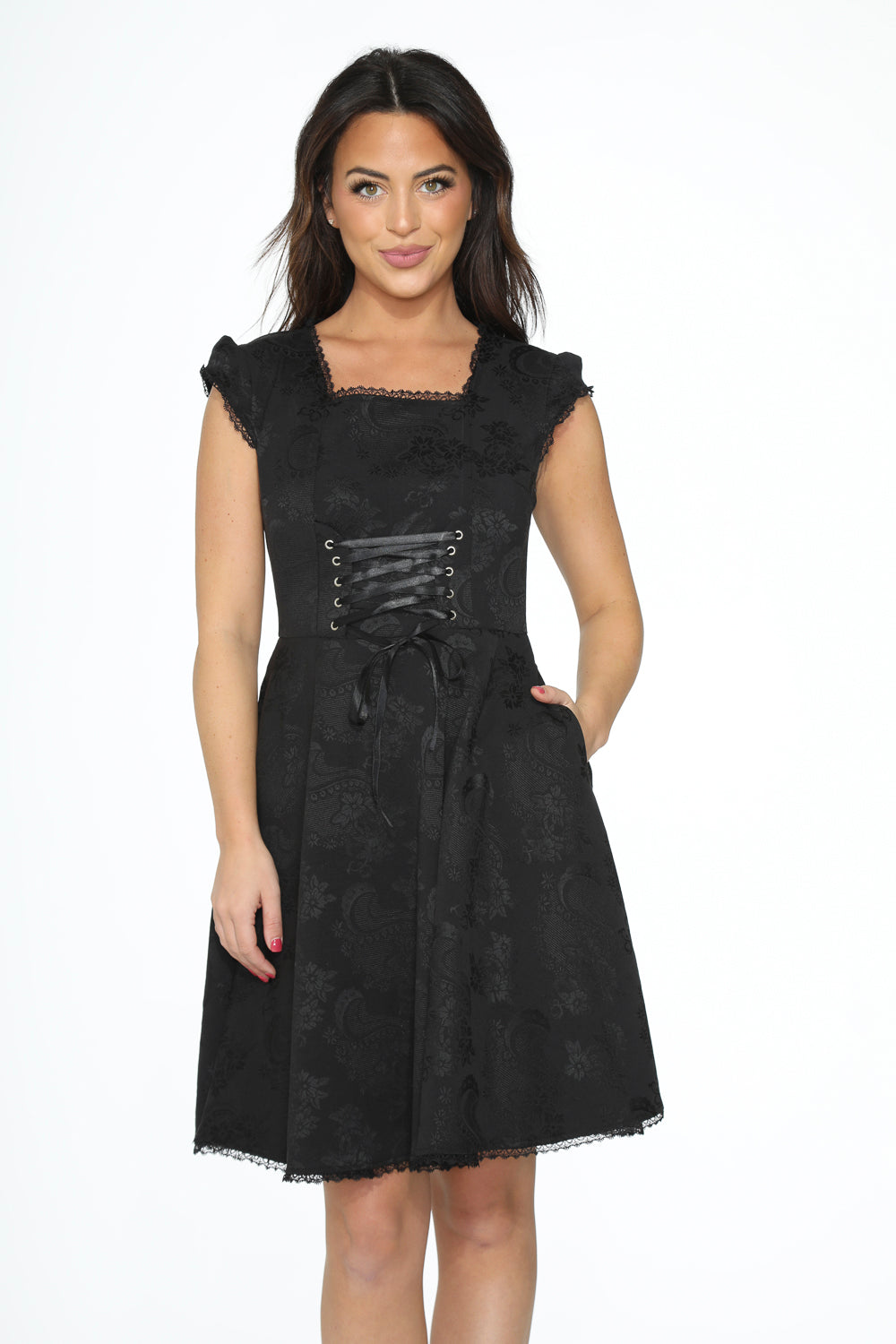 OCHID BLOOM Women's  Black Brocade Gothic Swing Cocktail Dress