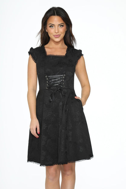 OCHID BLOOM Women's  Black Brocade Gothic Swing Cocktail Dress