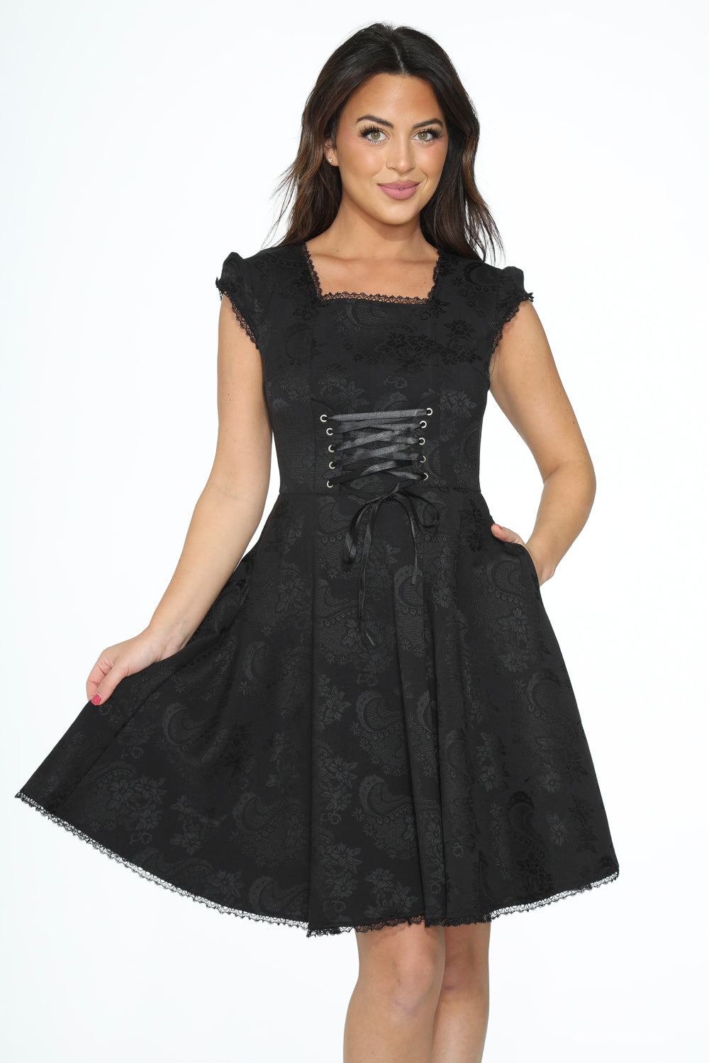 OCHID BLOOM Women's  Black Brocade Gothic Swing Cocktail Dress