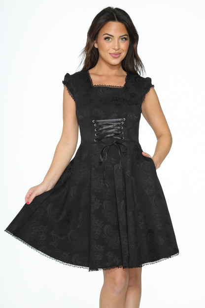 OCHID BLOOM Women's  Black Brocade Gothic Swing Cocktail Dress