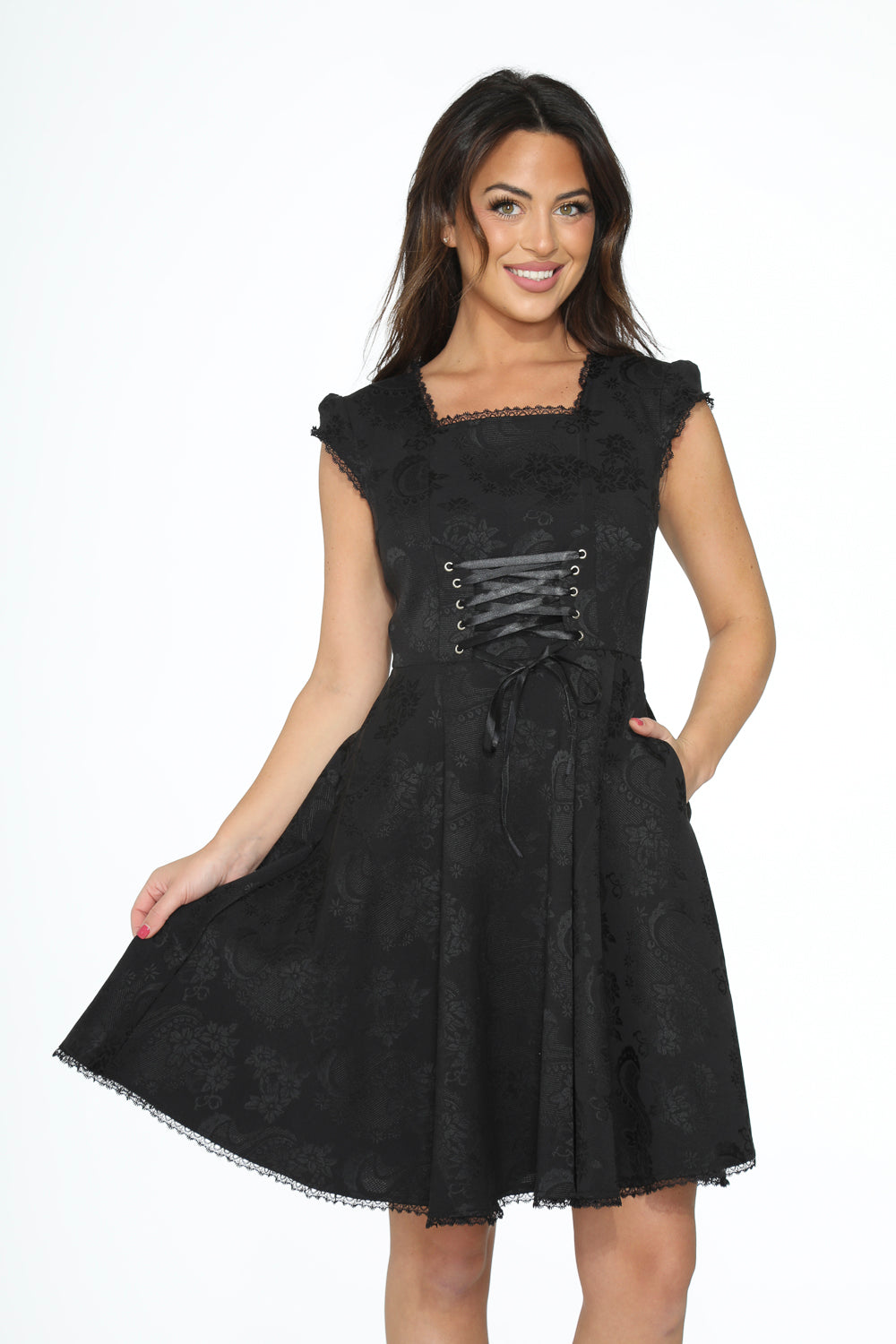 OCHID BLOOM Women's  Black Brocade Gothic Swing Cocktail Dress