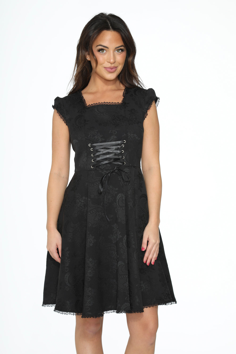 OCHID BLOOM Women's  Black Brocade Gothic Swing Cocktail Dress