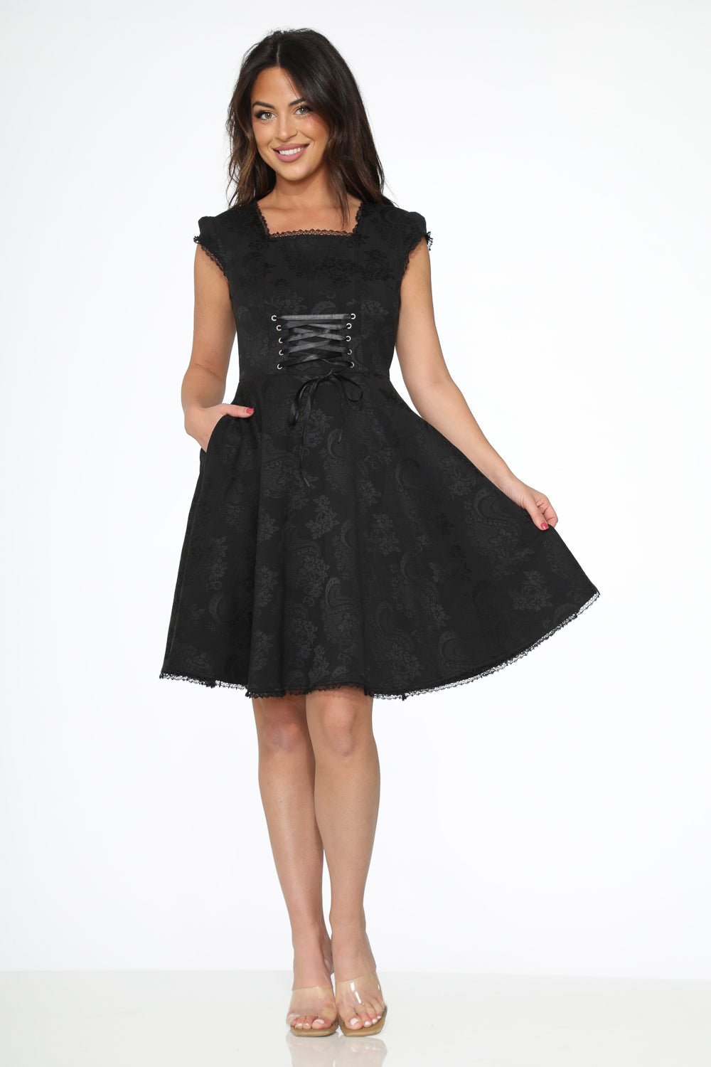 OCHID BLOOM Women's  Black Brocade Gothic Swing Cocktail Dress