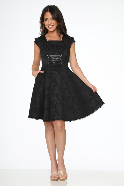 OCHID BLOOM Women's  Black Brocade Gothic Swing Cocktail Dress