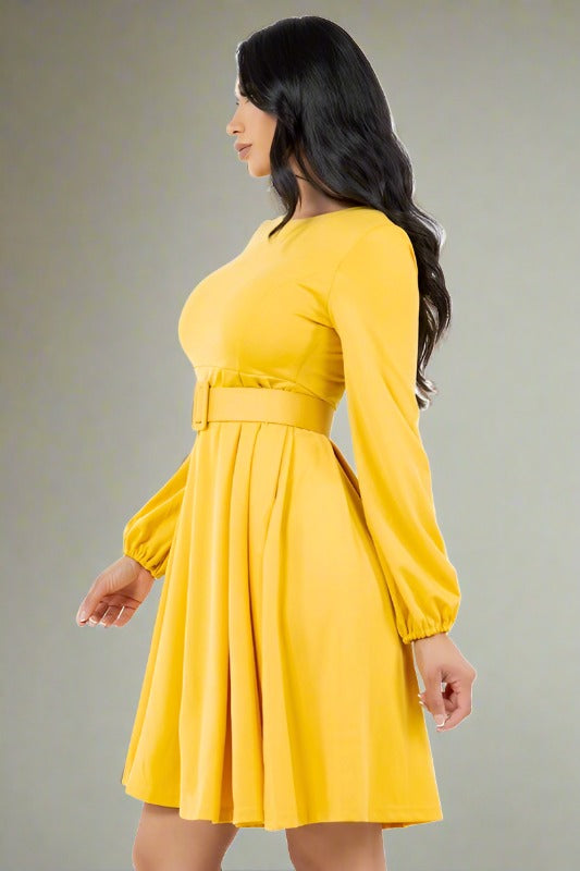 BY CLAUDE Yellow A-line Midi Dress with Belt