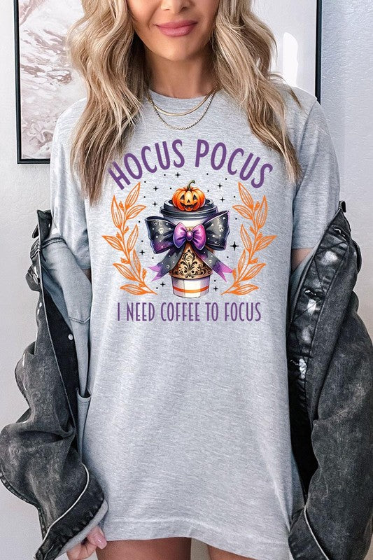 Color-Bear Women's "Hocus Pocus I Need Coffee To Focus" Halloween Graphic Tee