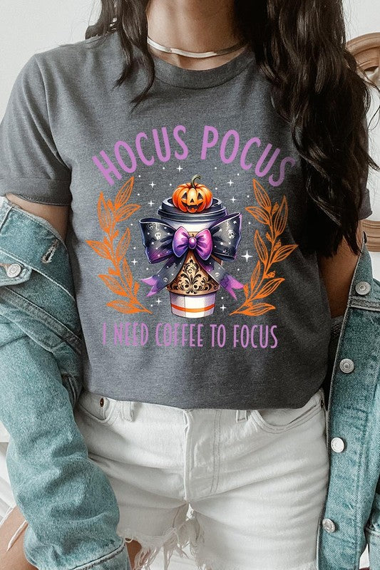 Color-Bear Women's "Hocus Pocus I Need Coffee To Focus" Halloween Graphic Tee