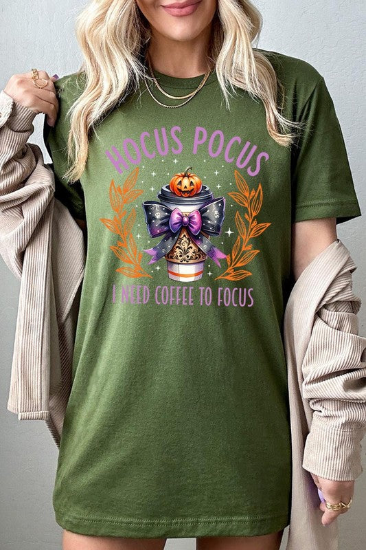 Color-Bear Women's "Hocus Pocus I Need Coffee To Focus" Halloween Graphic Tee