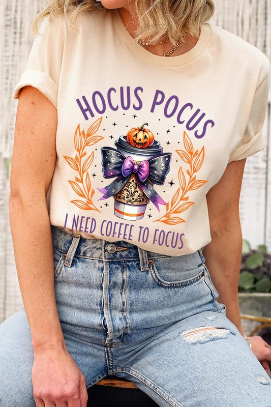 Color-Bear Women's "Hocus Pocus I Need Coffee To Focus" Halloween Graphic Tee