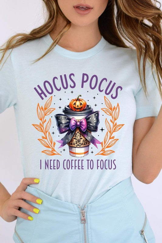 Color-Bear Women's "Hocus Pocus I Need Coffee To Focus" Halloween Graphic Tee