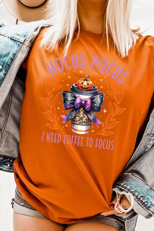 Color-Bear Women's "Hocus Pocus I Need Coffee To Focus" Halloween Graphic Tee