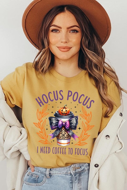 Color-Bear Women's "Hocus Pocus I Need Coffee To Focus" Halloween Graphic Tee