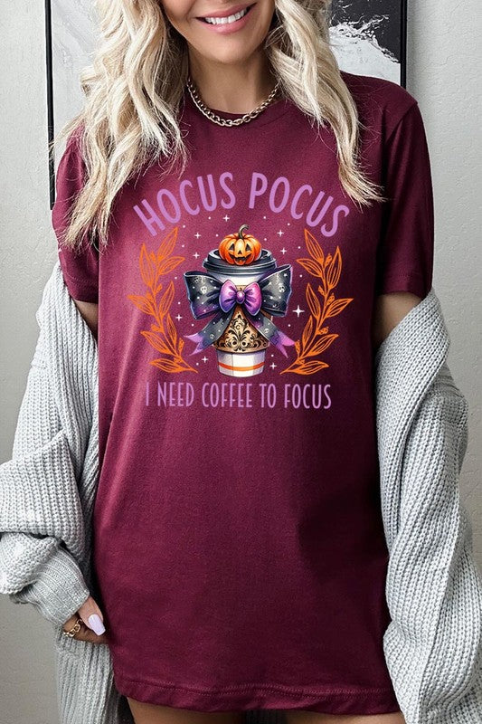 Color-Bear Women's "Hocus Pocus I Need Coffee To Focus" Halloween Graphic Tee