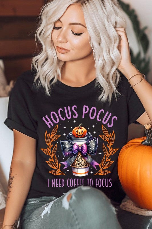 Color-Bear Women's "Hocus Pocus I Need Coffee To Focus" Halloween Graphic Tee