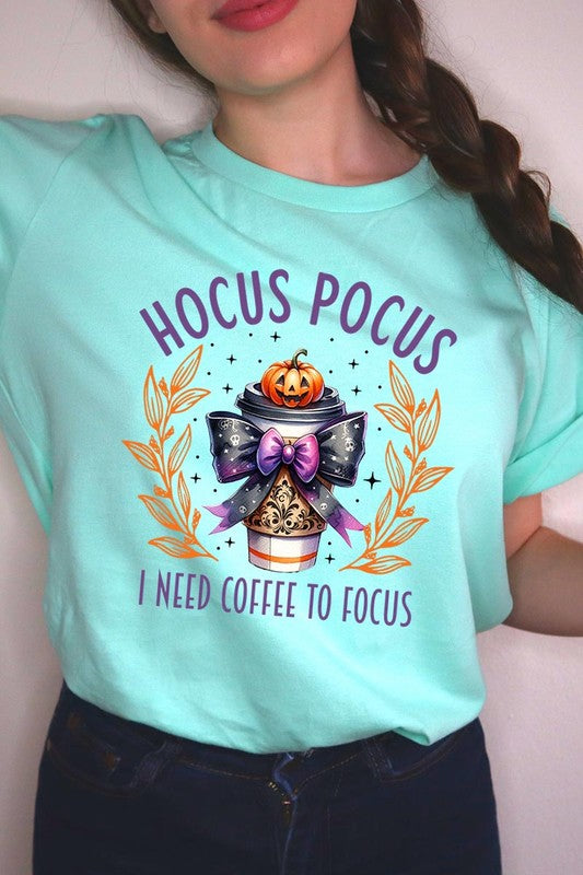 Color-Bear Women's "Hocus Pocus I Need Coffee To Focus" Halloween Graphic Tee