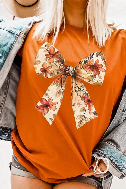 Color-Bear Women's Autumn Bow Graphic Tee with Short Sleeves