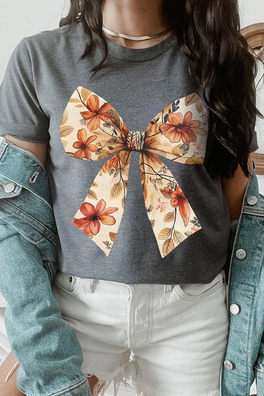 Color-Bear Women's Autumn Bow Graphic Tee with Short Sleeves