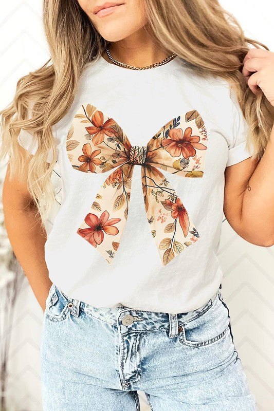 Color-Bear Women's Autumn Bow Graphic Tee with Short Sleeves