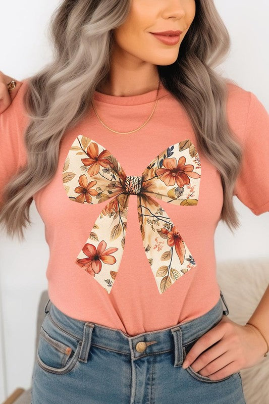 Color-Bear Women's Autumn Bow Graphic Tee with Short Sleeves