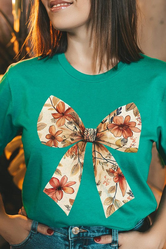 Color-Bear Women's Autumn Bow Graphic Tee with Short Sleeves