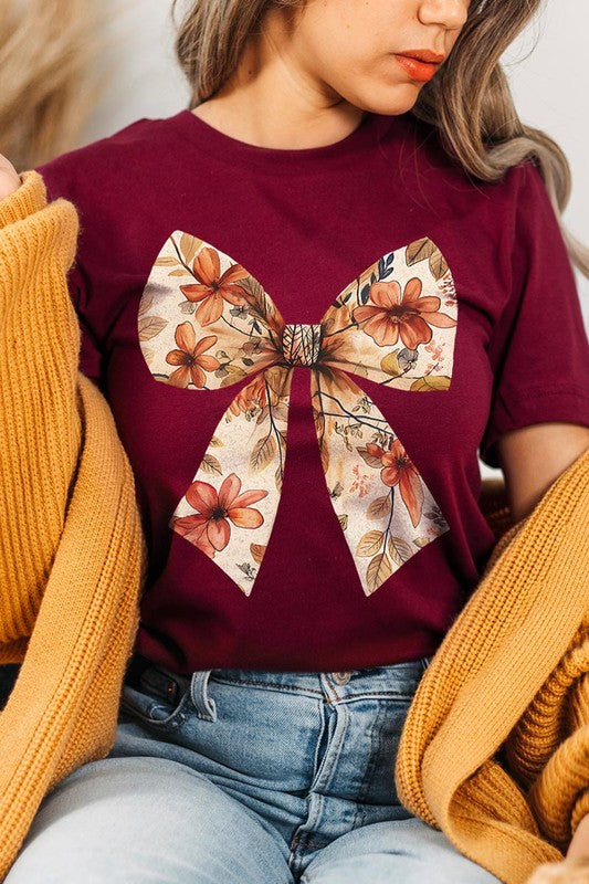 Color-Bear Women's Autumn Bow Graphic Tee with Short Sleeves