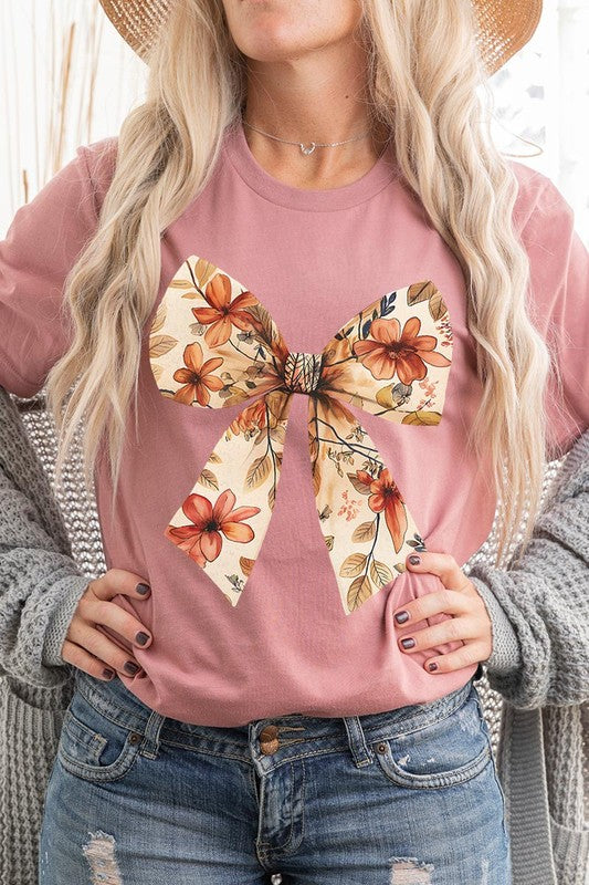 Color-Bear Women's Autumn Bow Graphic Tee with Short Sleeves