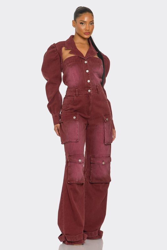 Athina Stylish Women's Burgundy Vintage Inspired Utility Cargo Jumpsuit