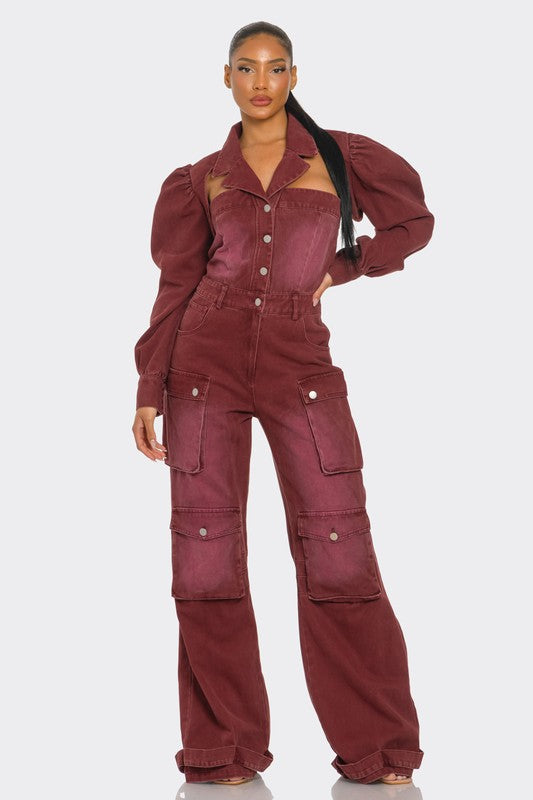 Athina Stylish Women's Burgundy Vintage Inspired Utility Cargo Jumpsuit