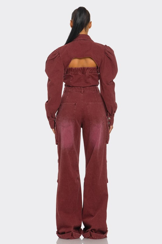 Athina Stylish Women's Burgundy Vintage Inspired Utility Cargo Jumpsuit