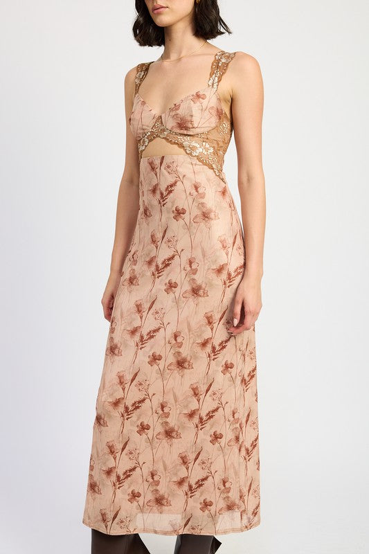 EMORY PARK Brown Floral Lace Contrast Maxi Dress