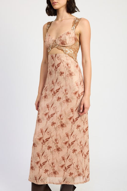 EMORY PARK Brown Floral Lace Contrast Maxi Dress