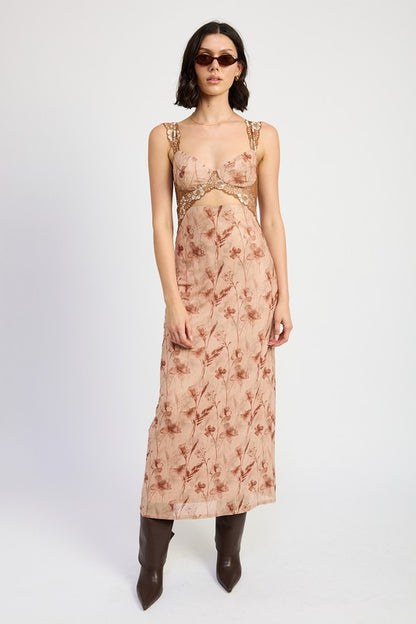 EMORY PARK Brown Floral Lace Contrast Maxi Dress