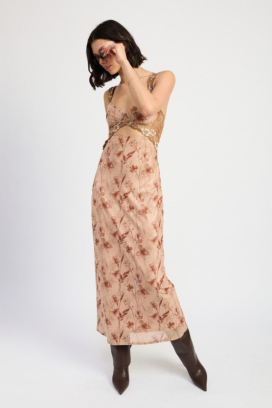 EMORY PARK Brown Floral Lace Contrast Maxi Dress