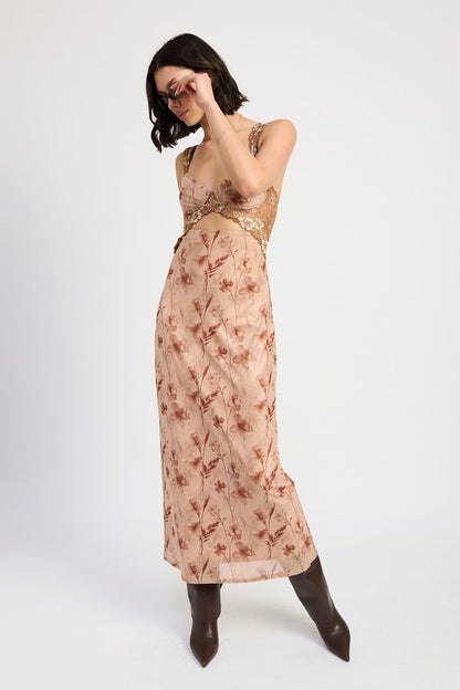 EMORY PARK Brown Floral Lace Contrast Maxi Dress