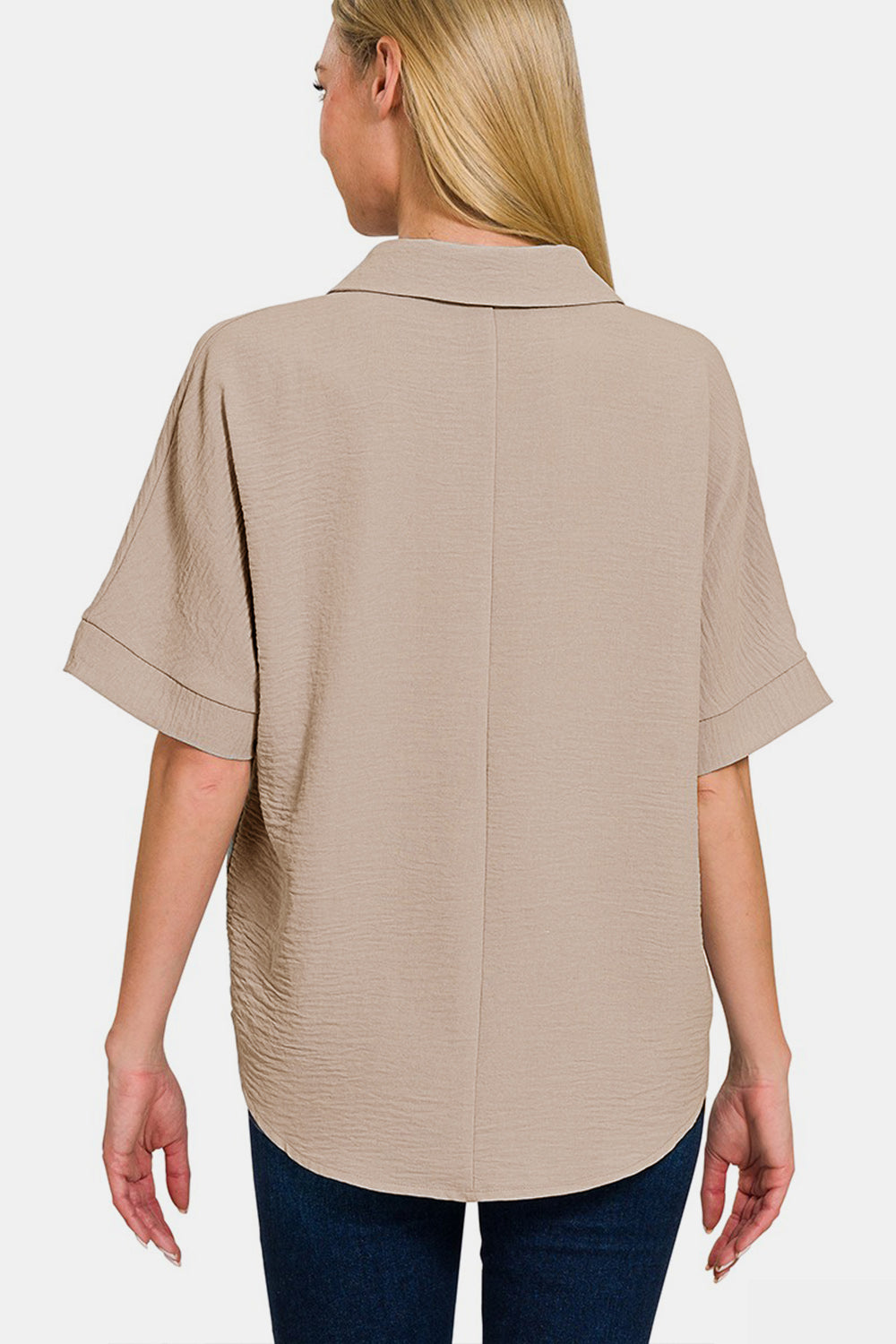 ZENANA Texture Mocha Collared Neck Short Sleeve Top
