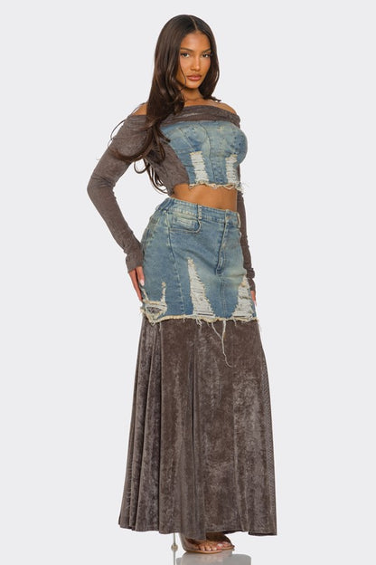 ATHINA Women's 2 Piece Ensemble Velvet-Denim Fusion Set