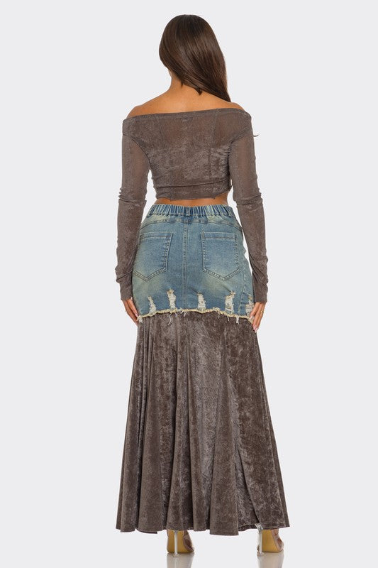 ATHINA Women's 2 Piece Ensemble Velvet-Denim Fusion Set