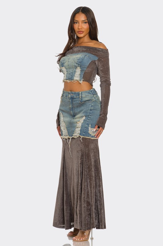 ATHINA Women's 2 Piece Ensemble Velvet-Denim Fusion Set