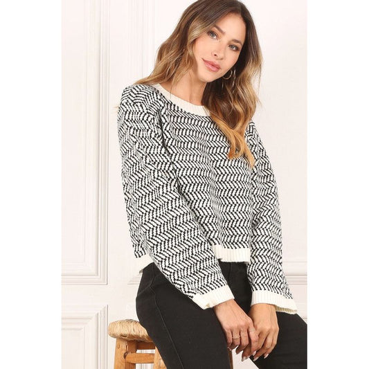 LILOU Herringbone pattern crew neck sweater