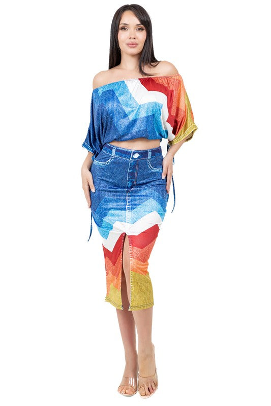 CLAUDE Women's Piece 3D Faux Denim Set with Batwing Top Midi