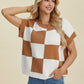 DOUBLE TAKE Full Size Checkered Round Neck Short Sleeve Sweater