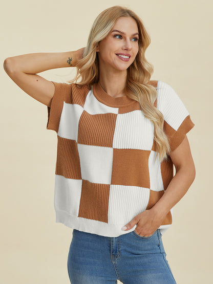 DOUBLE TAKE Full Size Checkered Round Neck Short Sleeve Sweater