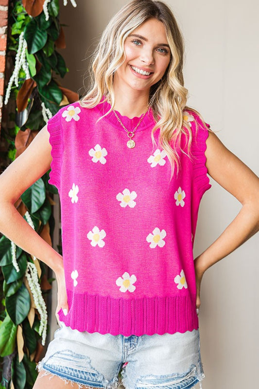 FIRST LOVE Fuchsia Full Size Flower Pattern Round Neck Sweater Vest