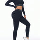 Q&S 2 Piece Black Activewear Set with Long Sleeves Crop Top and Leggings