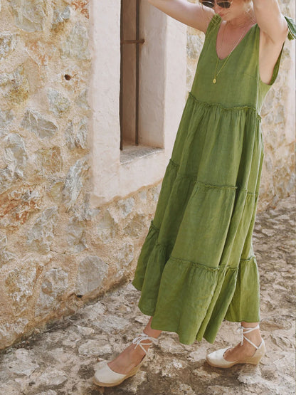 Green Tiered Boho V-Neck Sleeveless Dress