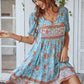 Casual Boho Floral Tie Neck Short Sleeve Mini Dress