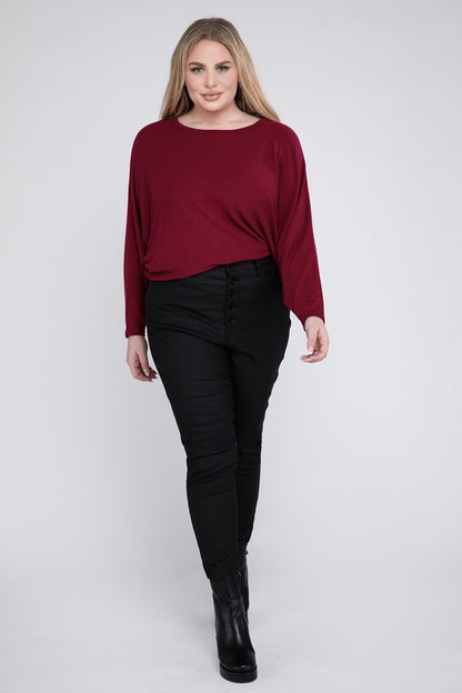 ZENANA Plus Ribbed Batwing Long Sleeve Boat Neck Sweater